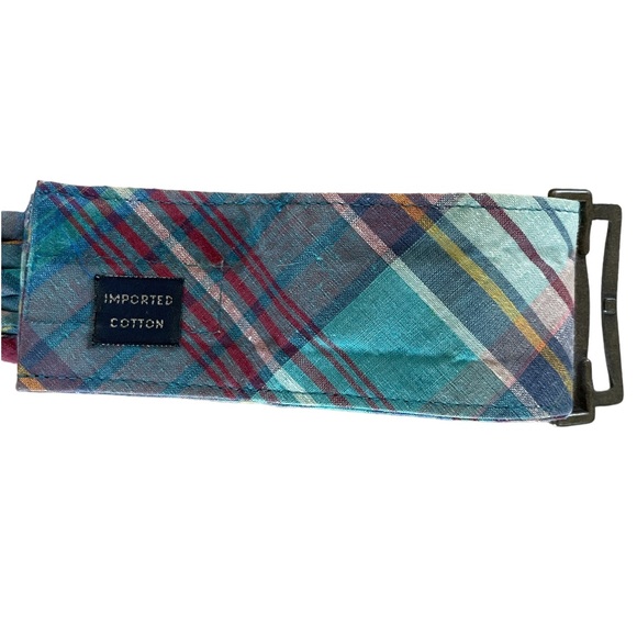 Vintage 80s Braided Madras Plaid Cinch Waist Belt Brass Buckle Adjustable Length - Picture 7 of 9